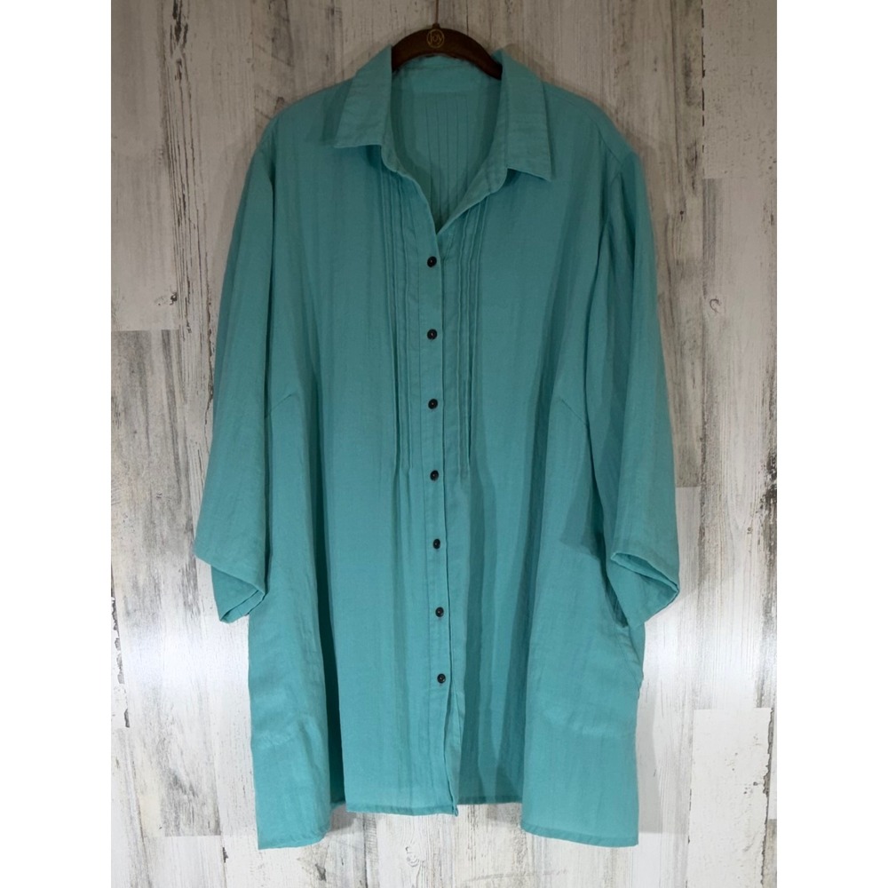 Fridaze Button Tunic Shirt 2XL Teal Linen Pintuck Pleats Pockets Coastal Beach